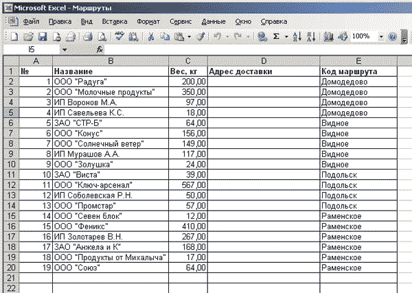 Файл Excel с маршрутами